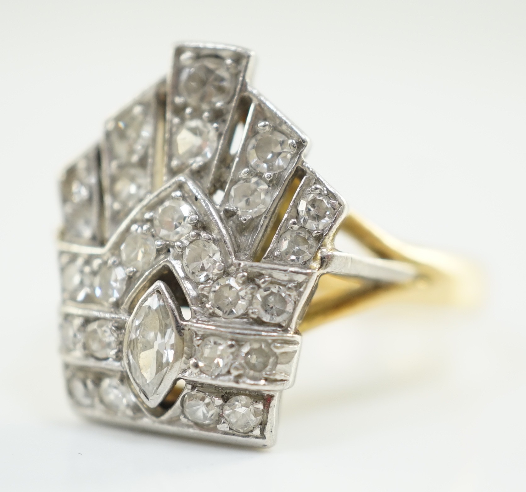 An 18ct gold, platinum and diamond cluster set coronet ring